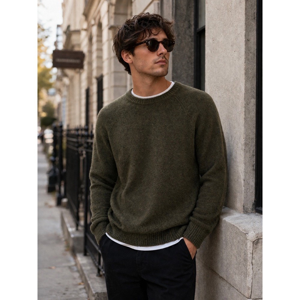 J. Crew Mens XL Olive Green Lambswool Blend Raglan Crewneck Sweater Re-Imagined